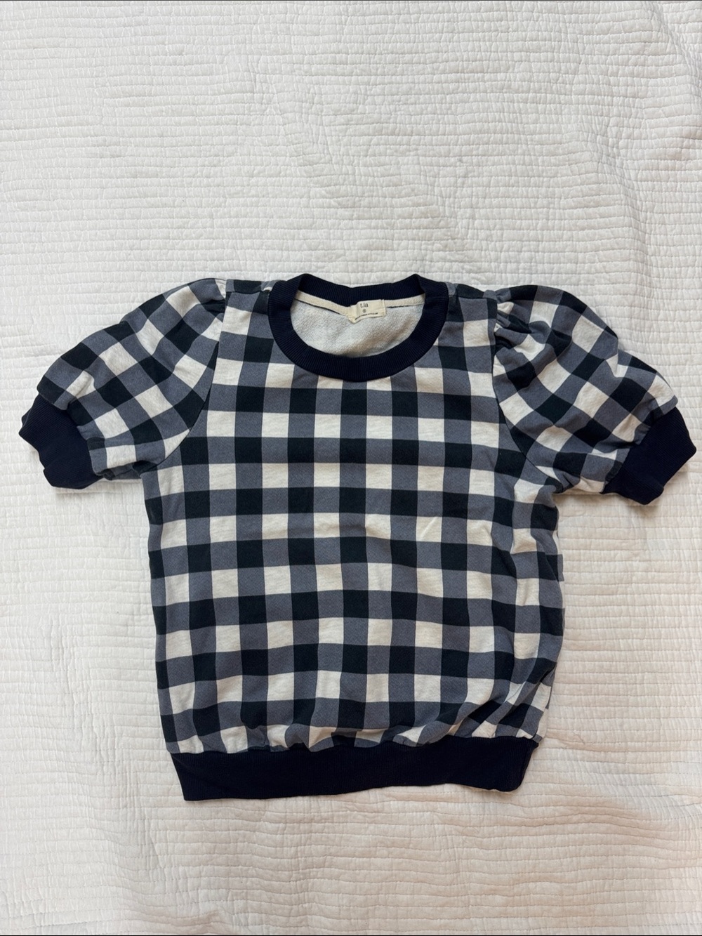 T.La Navy & White Gingham Puff Sleeve Sweatshirt